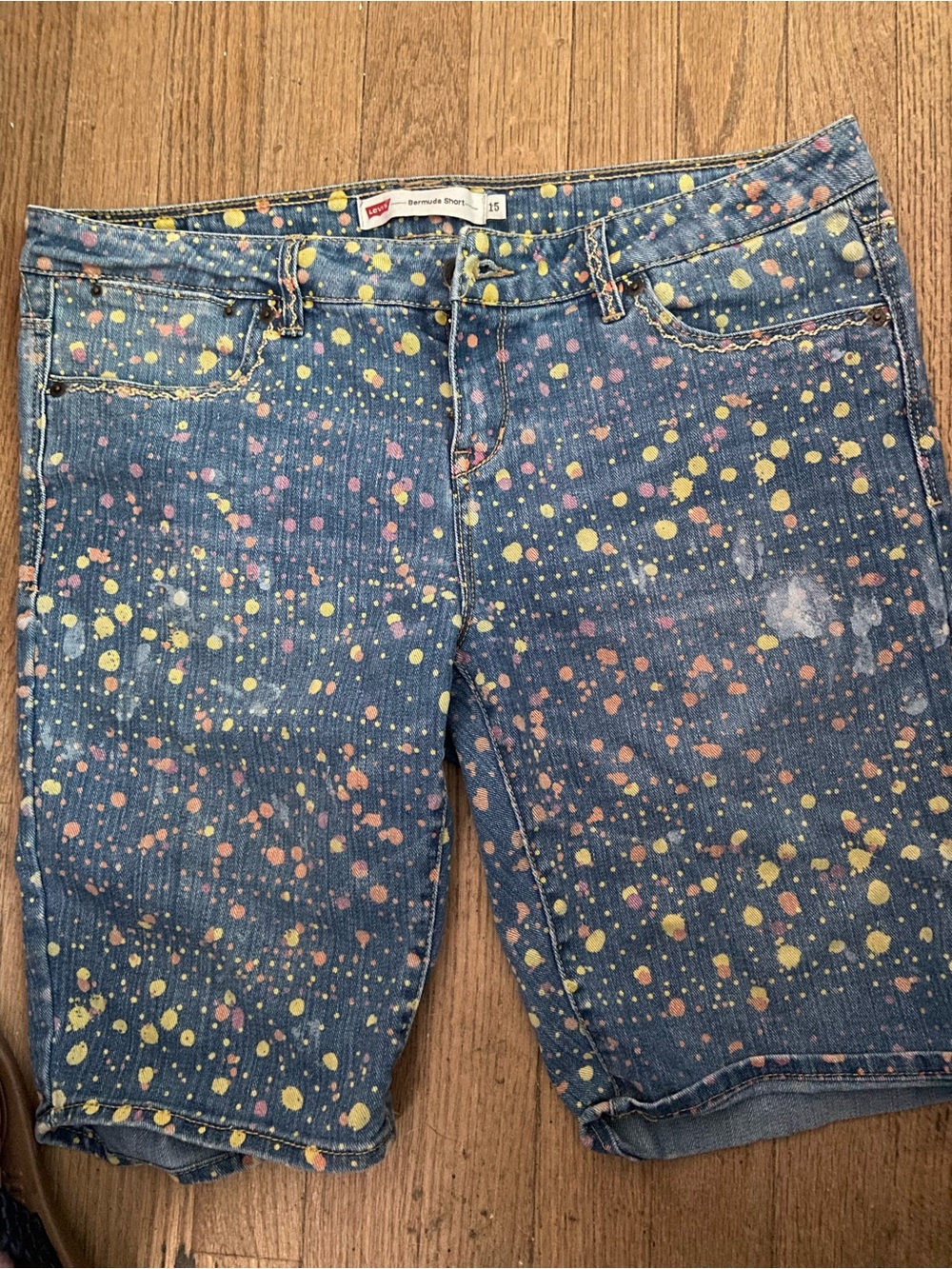 Levi's Blue Denim Bermuda Shorts with Yellow & Pink Splatter